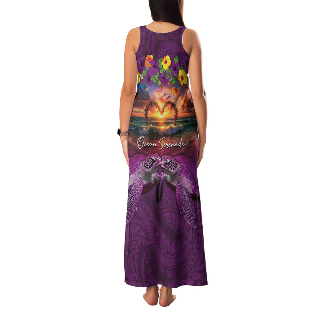 Hawaiian Turtle Love Couple Family Matching Tank Maxi Dress and Hawaiian Shirt Ocean Serenade - Honu Honi Ihu with Hibiscus and Romantic Sunset Purple Color LT03 - Polynesian Pride