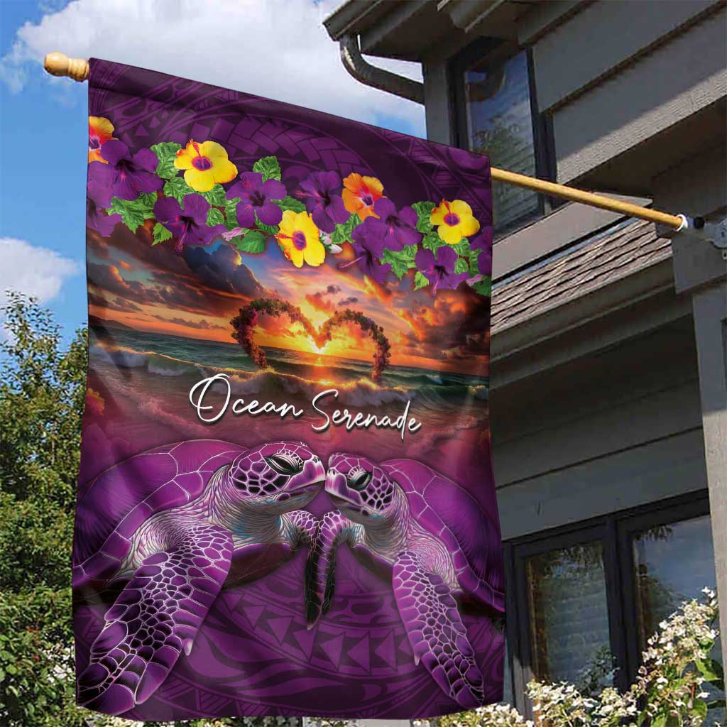 Hawaiian Turtle Love Couple Garden Flag Ocean Serenade - Honu Honi Ihu with Hibiscus and Romantic Sunset Purple Color LT03 - Polynesian Pride