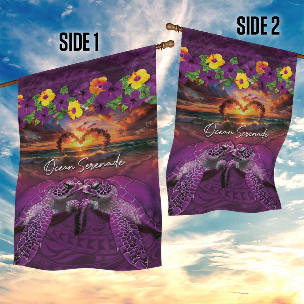 Hawaiian Turtle Love Couple Garden Flag Ocean Serenade - Honu Honi Ihu with Hibiscus and Romantic Sunset Purple Color LT03 - Polynesian Pride
