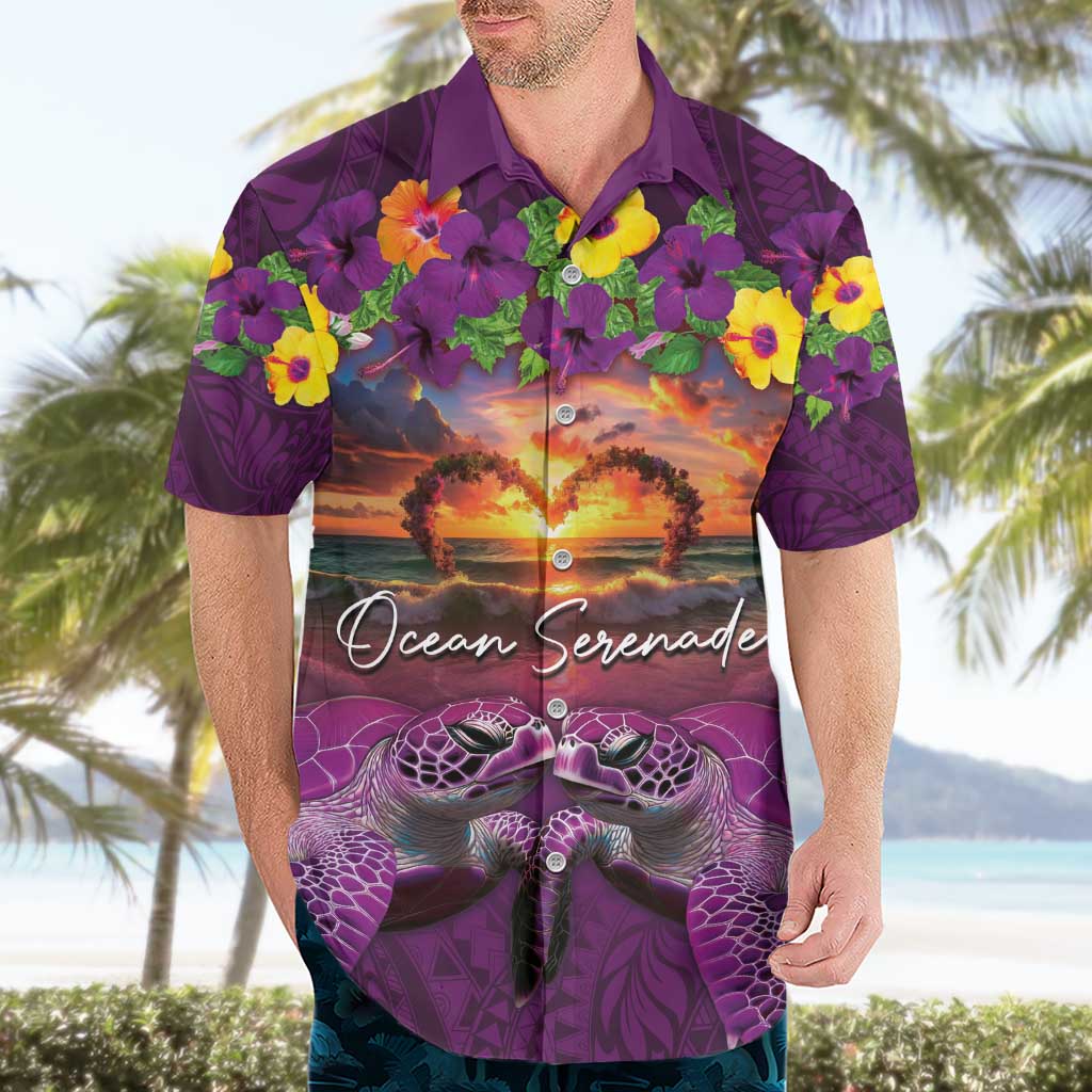 Hawaiian Turtle Love Couple Hawaiian Shirt Ocean Serenade - Honu Honi Ihu with Hibiscus and Romantic Sunset Purple Color LT03 - Polynesian Pride