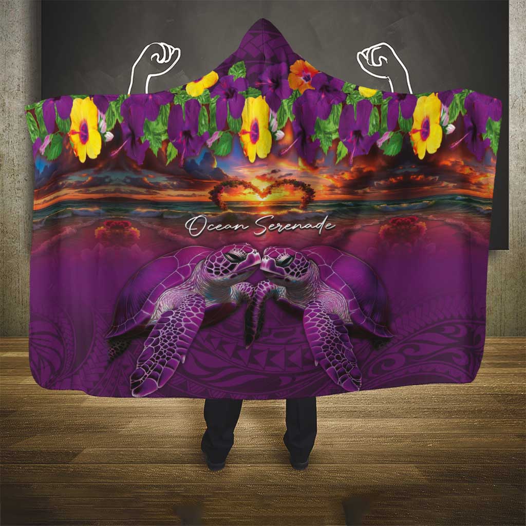Hawaiian Turtle Love Couple Hooded Blanket Ocean Serenade - Honu Honi Ihu with Hibiscus and Romantic Sunset Purple Color LT03 - Polynesian Pride
