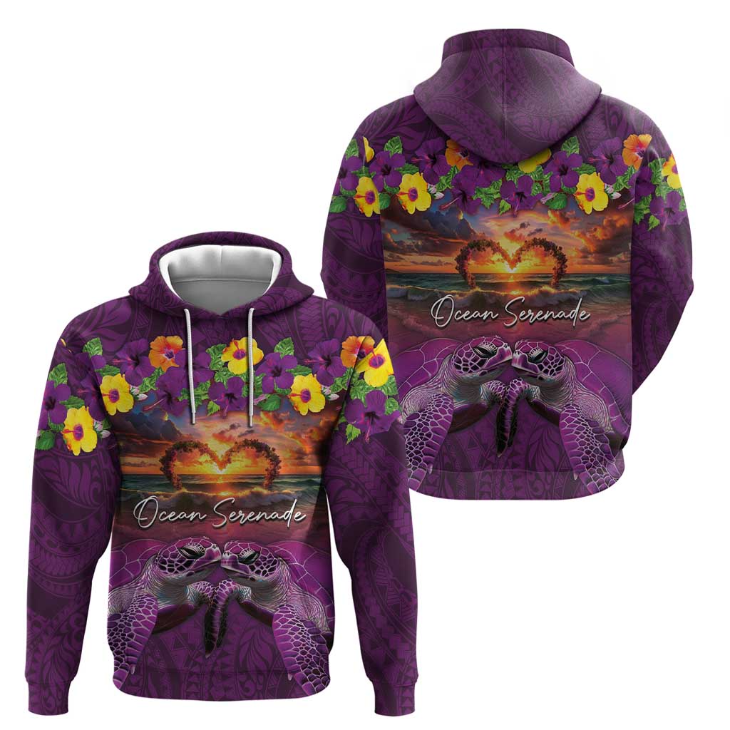 Hawaiian Turtle Love Couple Hoodie Ocean Serenade - Honu Honi Ihu with Hibiscus and Romantic Sunset Purple Color LT03 - Polynesian Pride