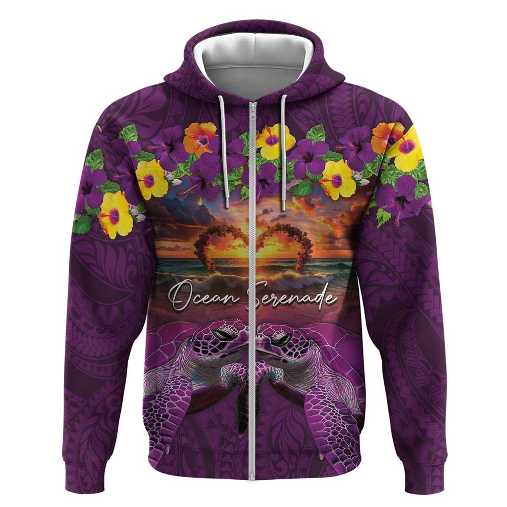 Hawaiian Turtle Love Couple Hoodie Ocean Serenade - Honu Honi Ihu with Hibiscus and Romantic Sunset Purple Color LT03 Zip Hoodie Purple - Polynesian Pride
