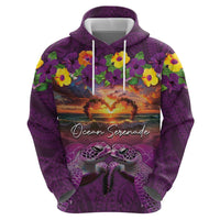 Hawaiian Turtle Love Couple Hoodie Ocean Serenade - Honu Honi Ihu with Hibiscus and Romantic Sunset Purple Color LT03 - Polynesian Pride