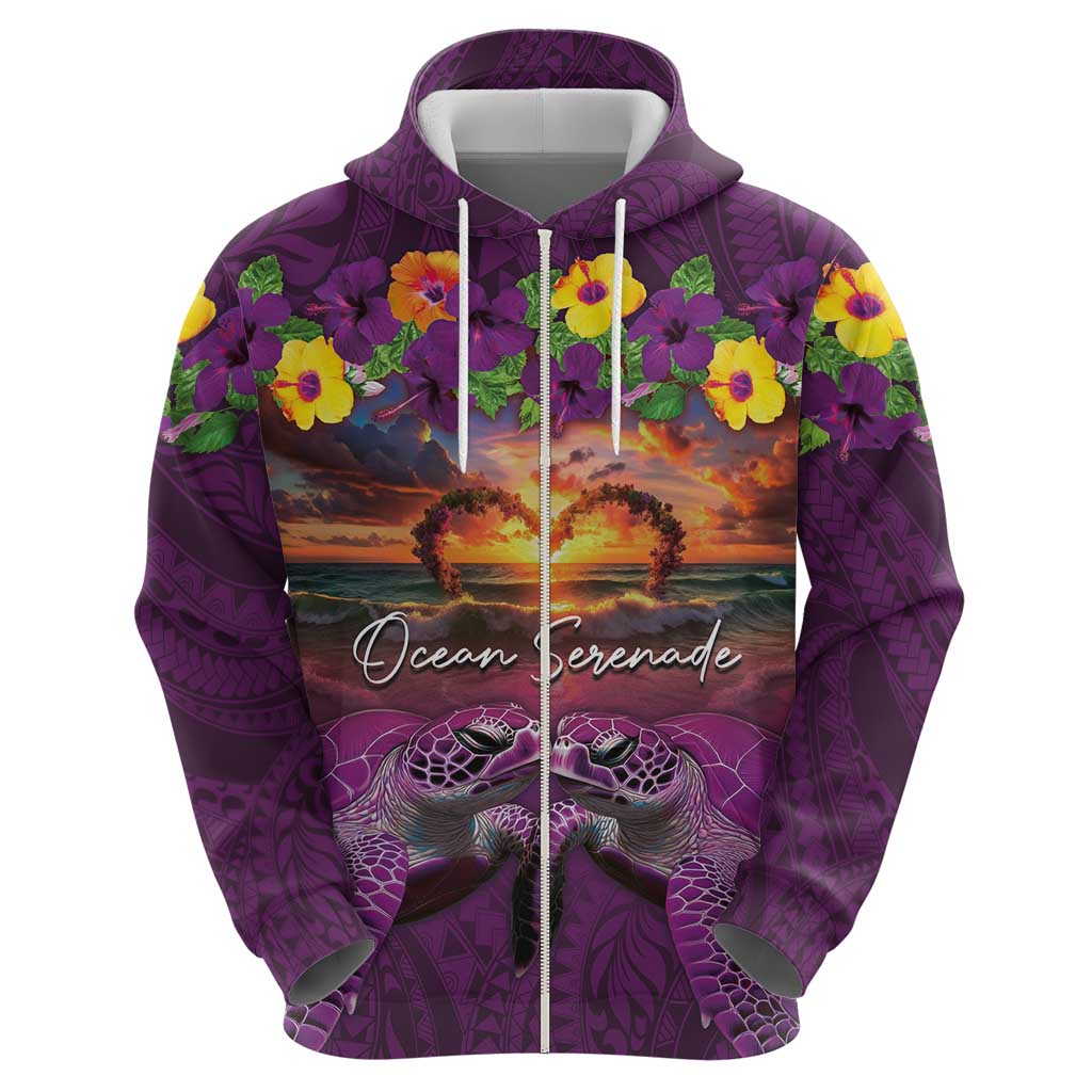 Hawaiian Turtle Love Couple Hoodie Ocean Serenade - Honu Honi Ihu with Hibiscus and Romantic Sunset Purple Color LT03 - Polynesian Pride