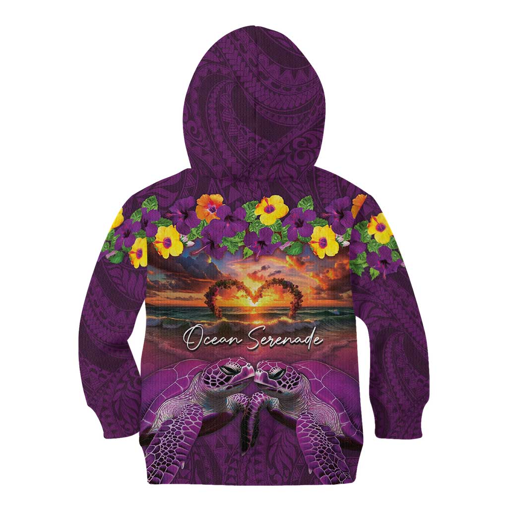 Hawaiian Turtle Love Couple Kid Hoodie Ocean Serenade - Honu Honi Ihu with Hibiscus and Romantic Sunset Purple Color LT03 - Polynesian Pride