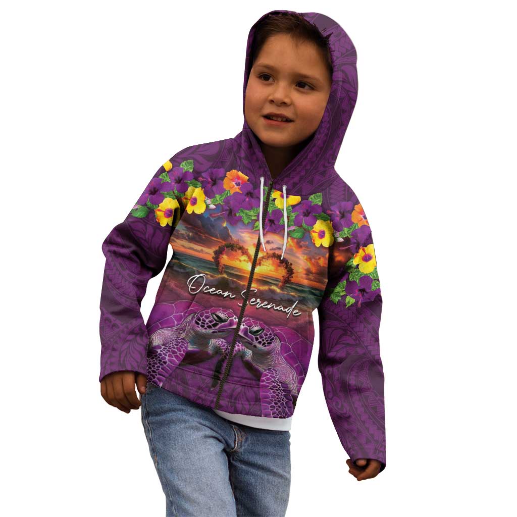 Hawaiian Turtle Love Couple Kid Hoodie Ocean Serenade - Honu Honi Ihu with Hibiscus and Romantic Sunset Purple Color LT03 - Polynesian Pride