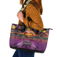 Hawaiian Turtle Love Couple Leather Tote Bag Ocean Serenade - Honu Honi Ihu with Hibiscus and Romantic Sunset Purple Color LT03 Purple - Polynesian Pride