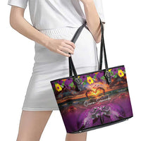 Hawaiian Turtle Love Couple Leather Tote Bag Ocean Serenade - Honu Honi Ihu with Hibiscus and Romantic Sunset Purple Color LT03 - Polynesian Pride