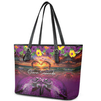 Hawaiian Turtle Love Couple Leather Tote Bag Ocean Serenade - Honu Honi Ihu with Hibiscus and Romantic Sunset Purple Color LT03 - Polynesian Pride