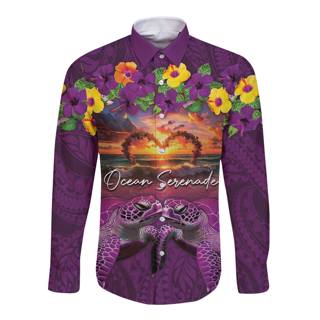 Hawaiian Turtle Love Couple Long Sleeve Button Shirt Ocean Serenade - Honu Honi Ihu with Hibiscus and Romantic Sunset Purple Color LT03 Unisex Purple - Polynesian Pride
