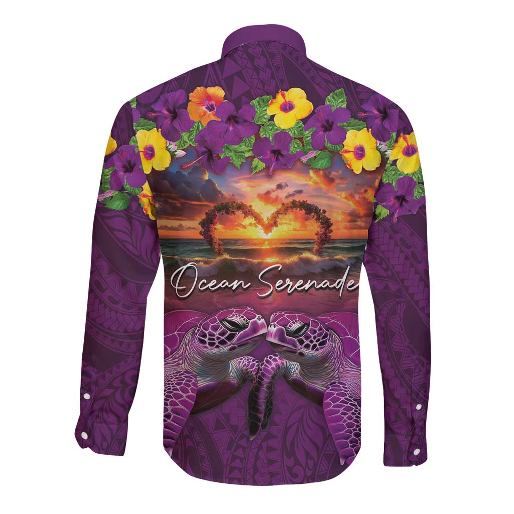 Hawaiian Turtle Love Couple Long Sleeve Button Shirt Ocean Serenade - Honu Honi Ihu with Hibiscus and Romantic Sunset Purple Color LT03 - Polynesian Pride