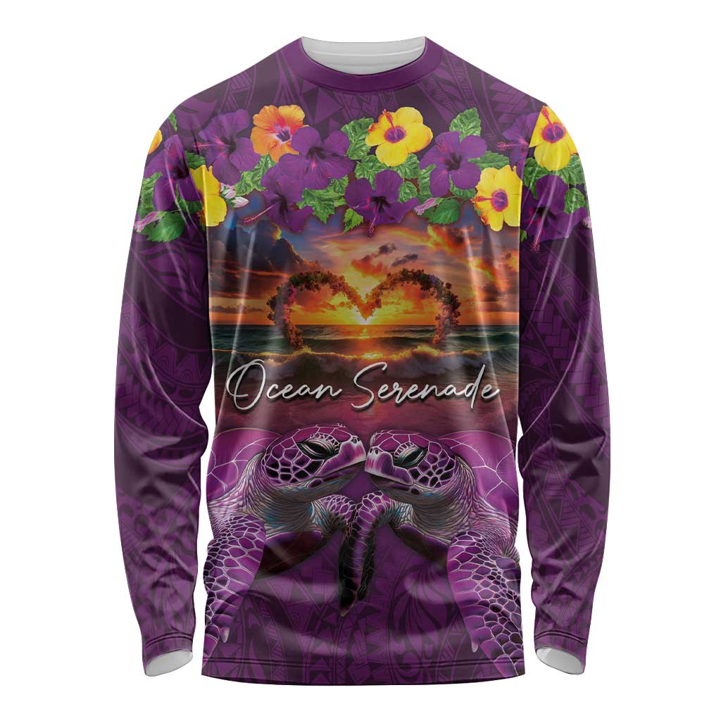 Hawaiian Turtle Love Couple Long Sleeve Shirt Ocean Serenade - Honu Honi Ihu with Hibiscus and Romantic Sunset Purple Color LT03 Unisex Purple - Polynesian Pride