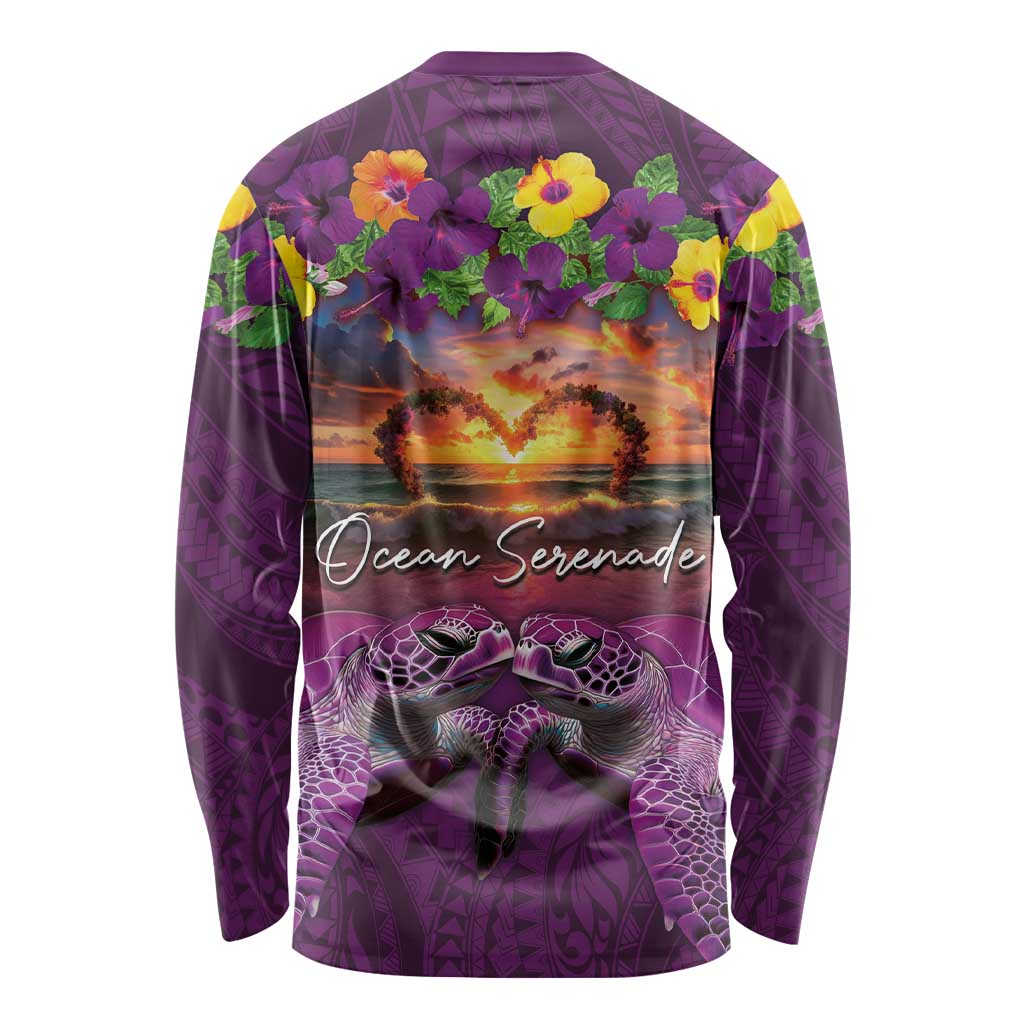 Hawaiian Turtle Love Couple Long Sleeve Shirt Ocean Serenade - Honu Honi Ihu with Hibiscus and Romantic Sunset Purple Color LT03 - Polynesian Pride