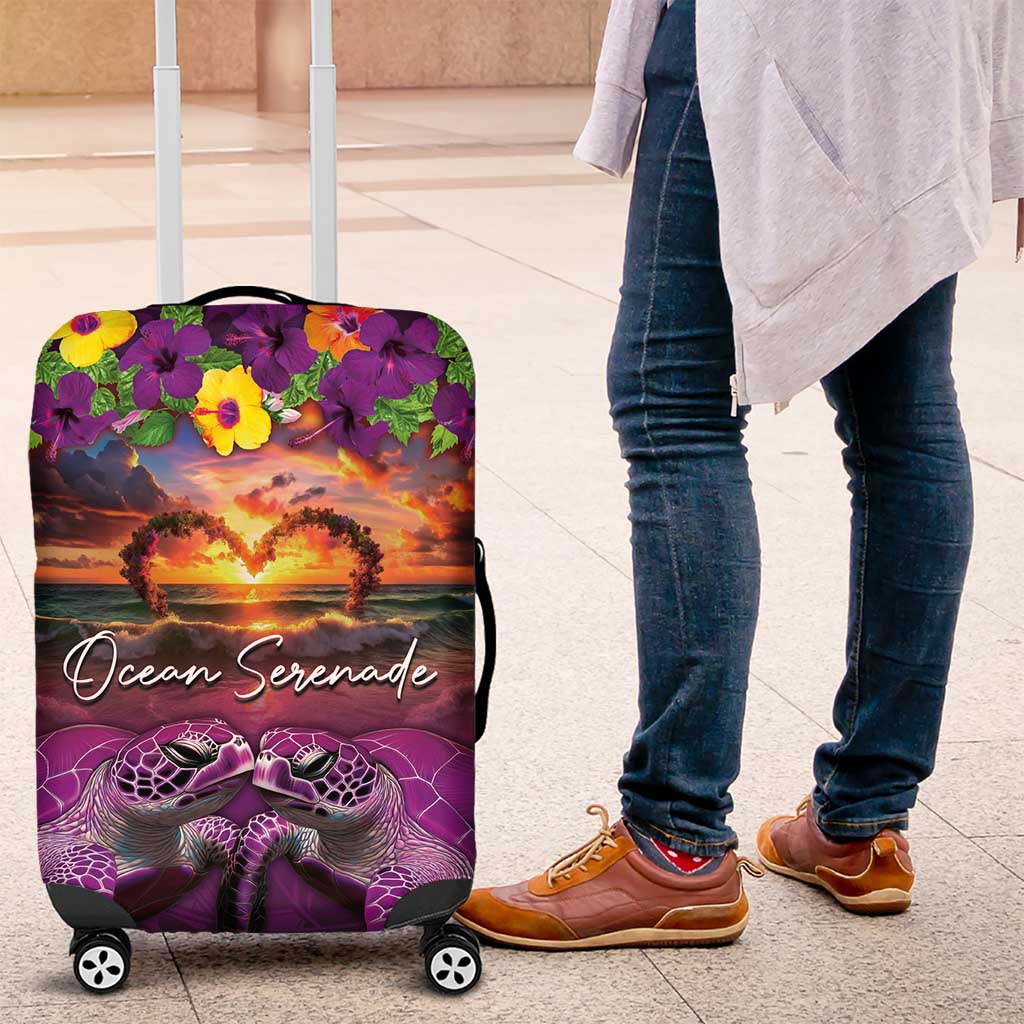 Hawaiian Turtle Love Couple Luggage Cover Ocean Serenade - Honu Honi Ihu with Hibiscus and Romantic Sunset Purple Color LT03 Purple - Polynesian Pride