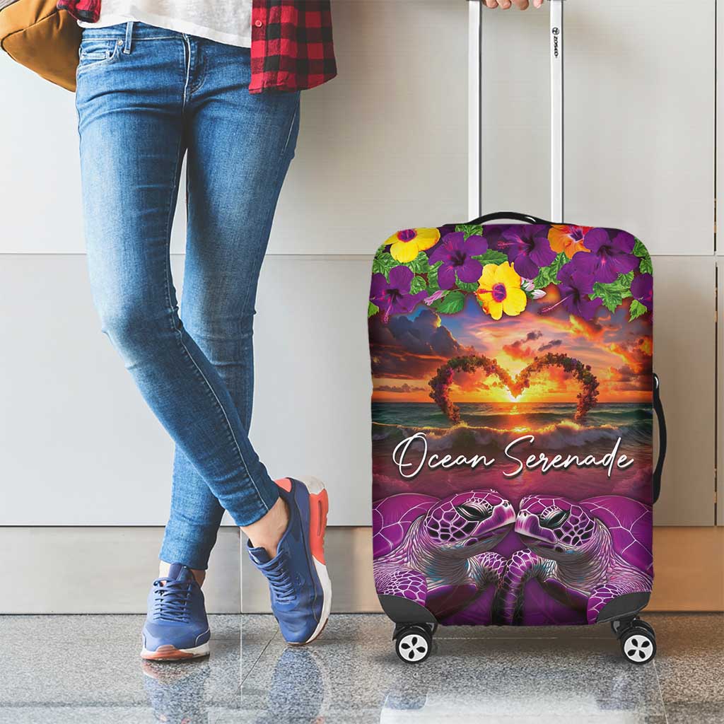 Hawaiian Turtle Love Couple Luggage Cover Ocean Serenade - Honu Honi Ihu with Hibiscus and Romantic Sunset Purple Color LT03 - Polynesian Pride