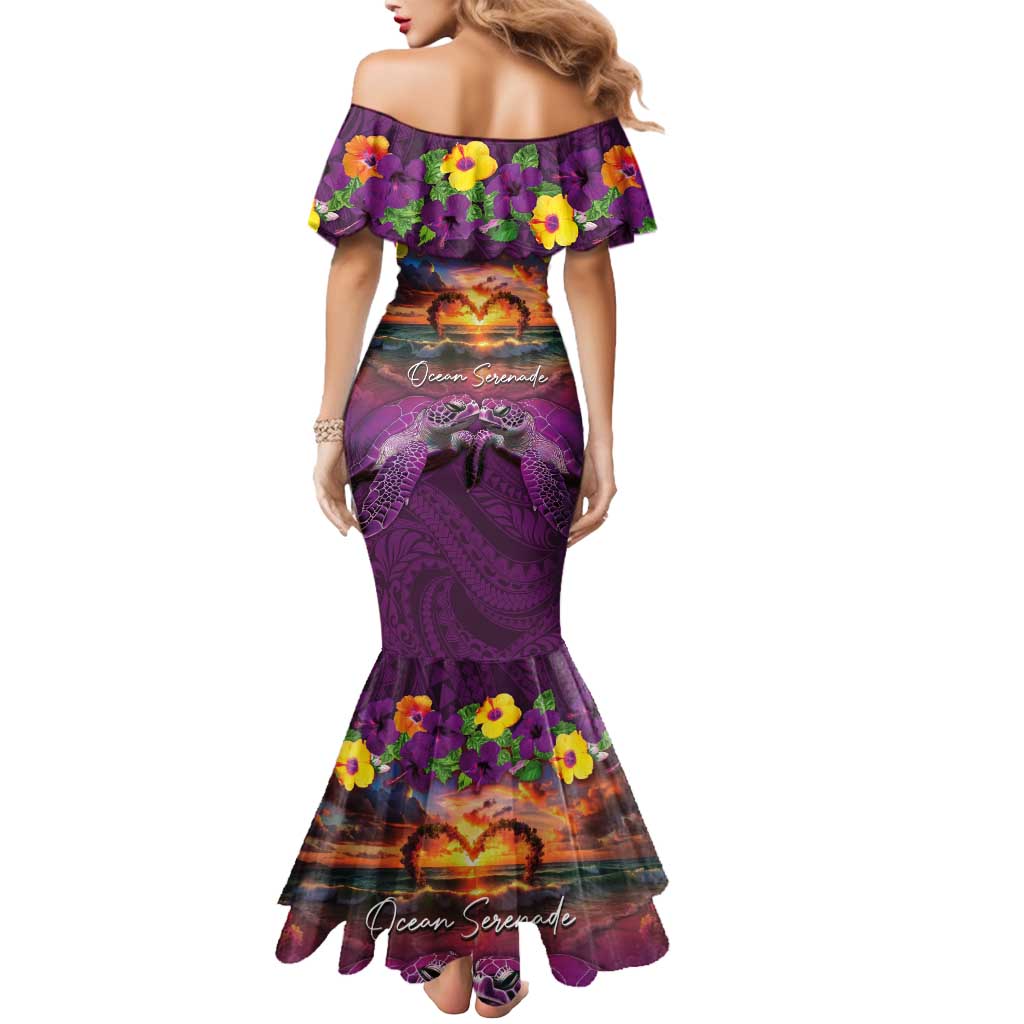 Hawaiian Turtle Love Couple Mermaid Dress Ocean Serenade - Honu Honi Ihu with Hibiscus and Romantic Sunset Purple Color LT03 - Polynesian Pride