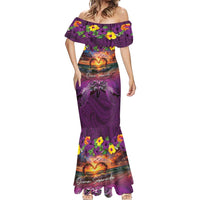 Hawaiian Turtle Love Couple Mermaid Dress Ocean Serenade - Honu Honi Ihu with Hibiscus and Romantic Sunset Purple Color LT03 - Polynesian Pride