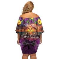 Hawaiian Turtle Love Couple Off Shoulder Short Dress Ocean Serenade - Honu Honi Ihu with Hibiscus and Romantic Sunset Purple Color LT03 - Polynesian Pride