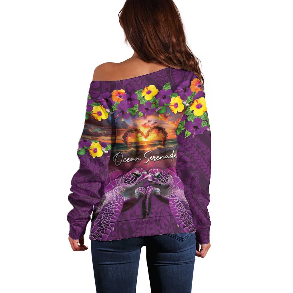 Hawaiian Turtle Love Couple Off Shoulder Sweater Ocean Serenade - Honu Honi Ihu with Hibiscus and Romantic Sunset Purple Color LT03 - Polynesian Pride