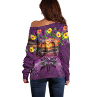 Hawaiian Turtle Love Couple Off Shoulder Sweater Ocean Serenade - Honu Honi Ihu with Hibiscus and Romantic Sunset Purple Color LT03 - Polynesian Pride