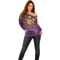 Hawaiian Turtle Love Couple Off Shoulder Sweater Ocean Serenade - Honu Honi Ihu with Hibiscus and Romantic Sunset Purple Color LT03 - Polynesian Pride