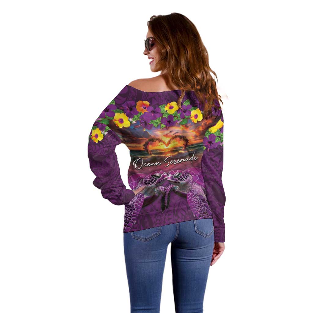 Hawaiian Turtle Love Couple Off Shoulder Sweater Ocean Serenade - Honu Honi Ihu with Hibiscus and Romantic Sunset Purple Color LT03 - Polynesian Pride