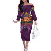 Hawaiian Turtle Love Couple Off The Shoulder Long Sleeve Dress Ocean Serenade - Honu Honi Ihu with Hibiscus and Romantic Sunset Purple Color LT03 Women Purple - Polynesian Pride