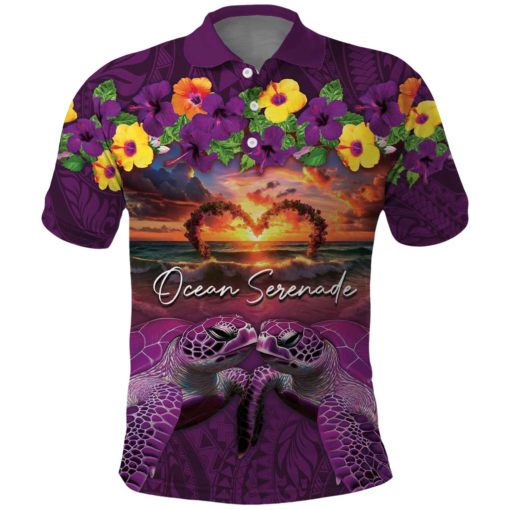 Hawaiian Turtle Love Couple Polo Shirt Ocean Serenade - Honu Honi Ihu with Hibiscus and Romantic Sunset Purple Color LT03 Purple - Polynesian Pride