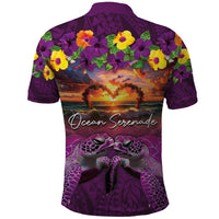 Hawaiian Turtle Love Couple Polo Shirt Ocean Serenade - Honu Honi Ihu with Hibiscus and Romantic Sunset Purple Color LT03 - Polynesian Pride