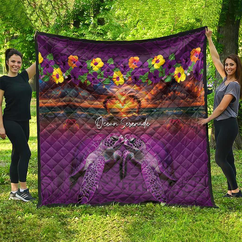 Hawaiian Turtle Love Couple Quilt Ocean Serenade - Honu Honi Ihu with Hibiscus and Romantic Sunset Purple Color LT03 - Polynesian Pride