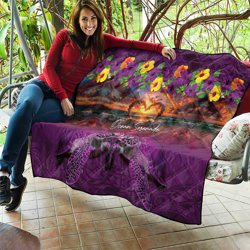 Hawaiian Turtle Love Couple Quilt Ocean Serenade - Honu Honi Ihu with Hibiscus and Romantic Sunset Purple Color LT03 - Polynesian Pride