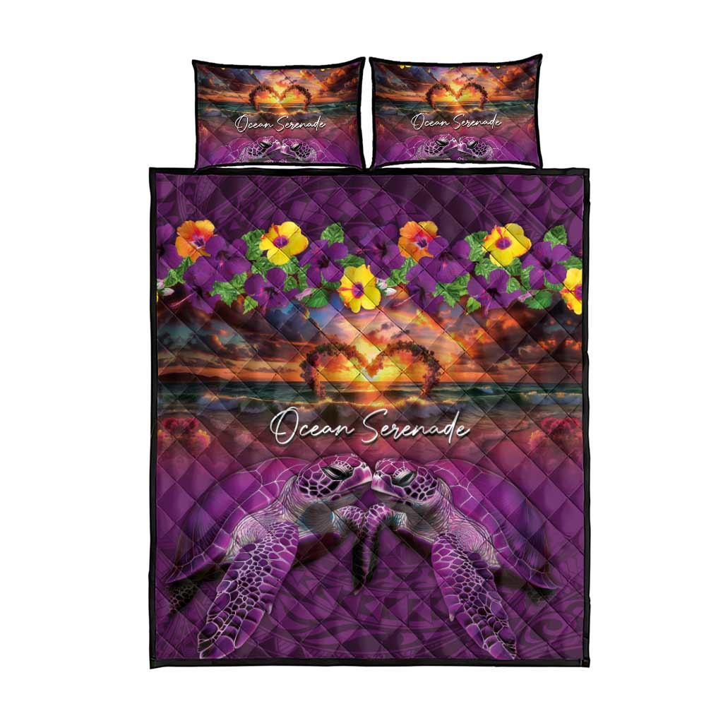 Hawaiian Turtle Love Couple Quilt Bed Set Ocean Serenade - Honu Honi Ihu with Hibiscus and Romantic Sunset Purple Color LT03 - Polynesian Pride