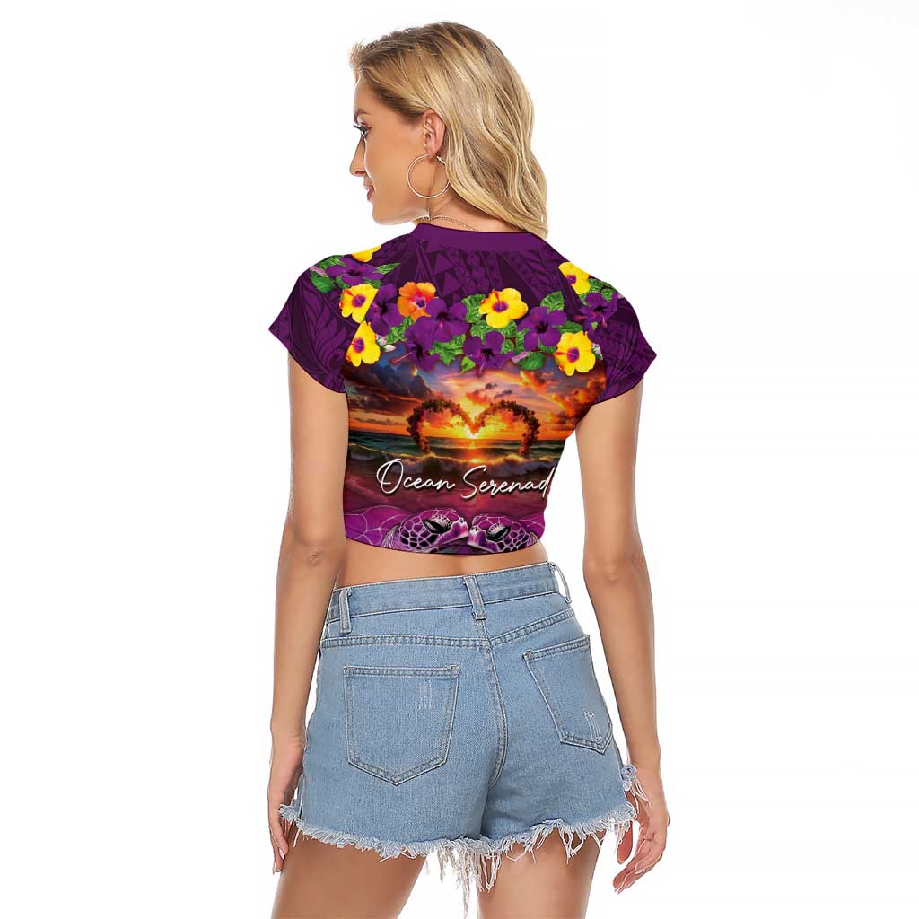 Hawaiian Turtle Love Couple Raglan Cropped T Shirt Ocean Serenade - Honu Honi Ihu with Hibiscus and Romantic Sunset Purple Color