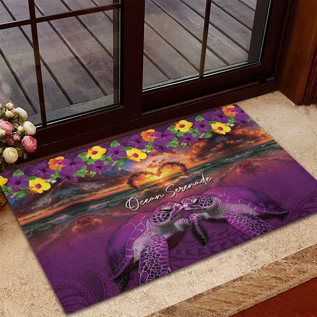 Hawaiian Turtle Love Couple Rubber Doormat Ocean Serenade - Honu Honi Ihu with Hibiscus and Romantic Sunset Purple Color LT03 - Polynesian Pride