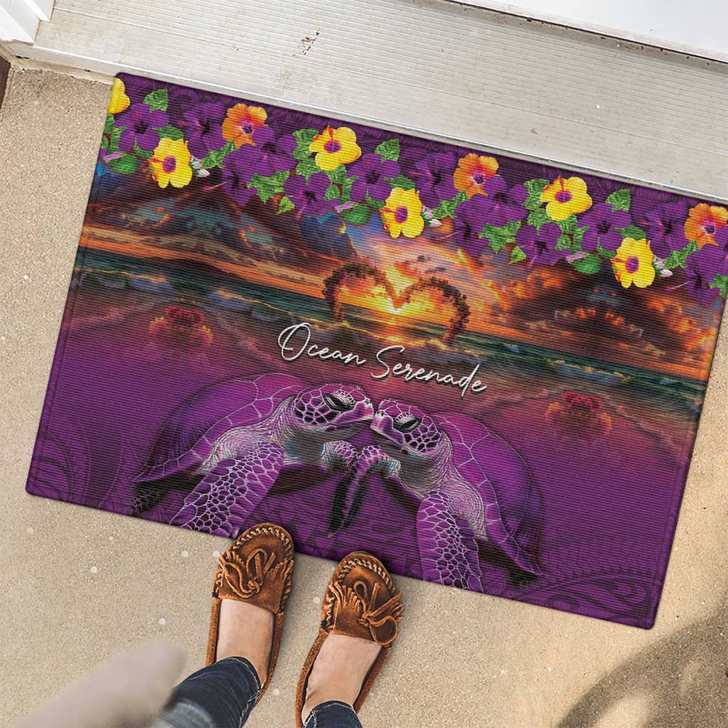 Hawaiian Turtle Love Couple Rubber Doormat Ocean Serenade - Honu Honi Ihu with Hibiscus and Romantic Sunset Purple Color LT03 - Polynesian Pride