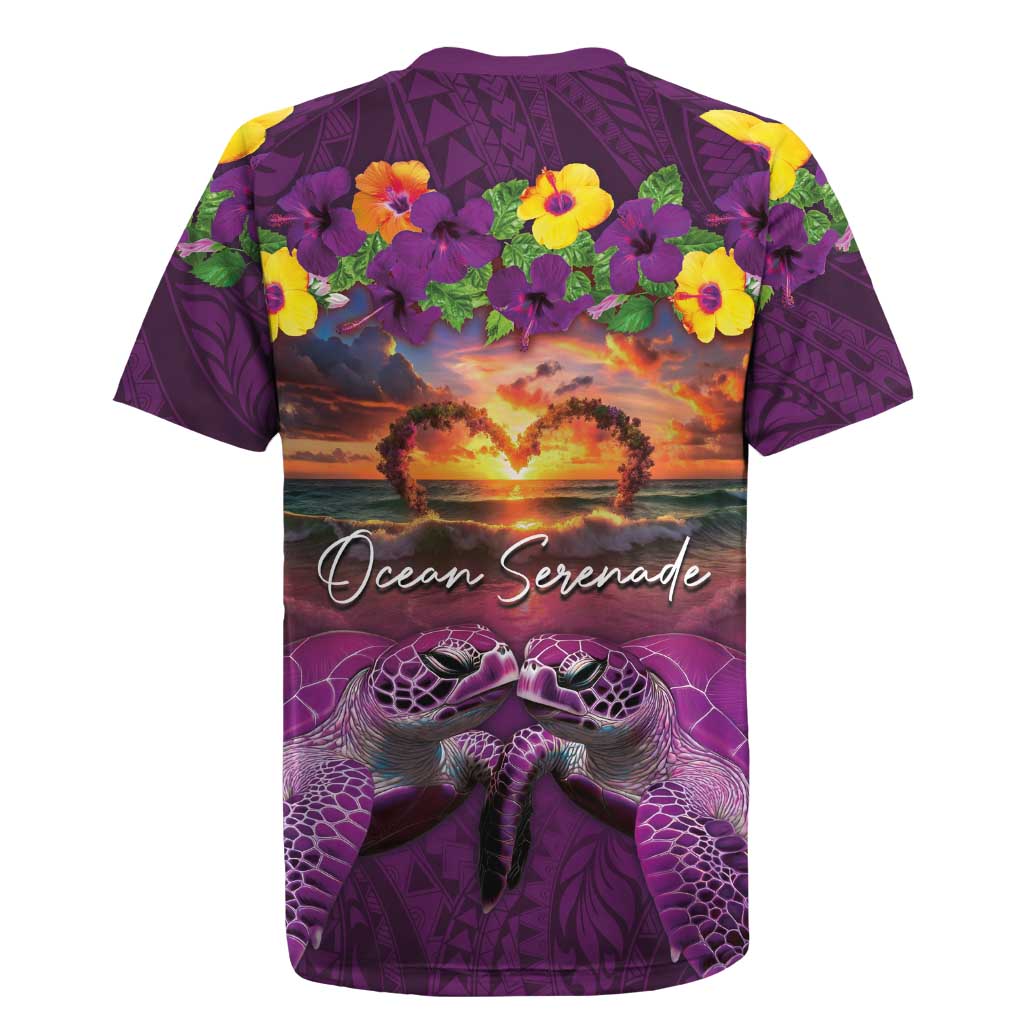 Hawaiian Turtle Love Couple Rugby Jersey Ocean Serenade - Honu Honi Ihu with Hibiscus and Romantic Sunset Purple Color LT03 - Polynesian Pride