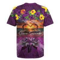 Hawaiian Turtle Love Couple Rugby Jersey Ocean Serenade - Honu Honi Ihu with Hibiscus and Romantic Sunset Purple Color LT03 - Polynesian Pride