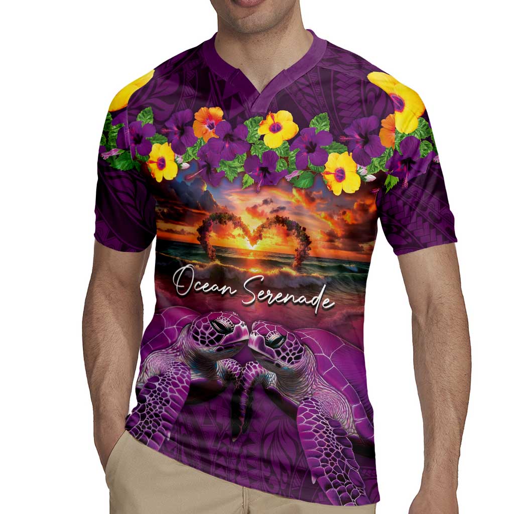 Hawaiian Turtle Love Couple Rugby Jersey Ocean Serenade - Honu Honi Ihu with Hibiscus and Romantic Sunset Purple Color LT03 - Polynesian Pride