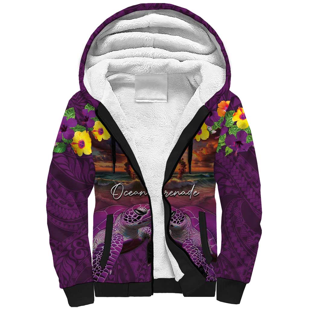 Hawaiian Turtle Love Couple Sherpa Hoodie Ocean Serenade - Honu Honi Ihu with Hibiscus and Romantic Sunset Purple Color LT03 Unisex Purple - Polynesian Pride