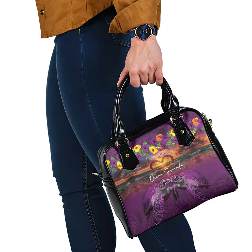 Hawaiian Turtle Love Couple Shoulder Handbag Ocean Serenade - Honu Honi Ihu with Hibiscus and Romantic Sunset Purple Color LT03 - Polynesian Pride