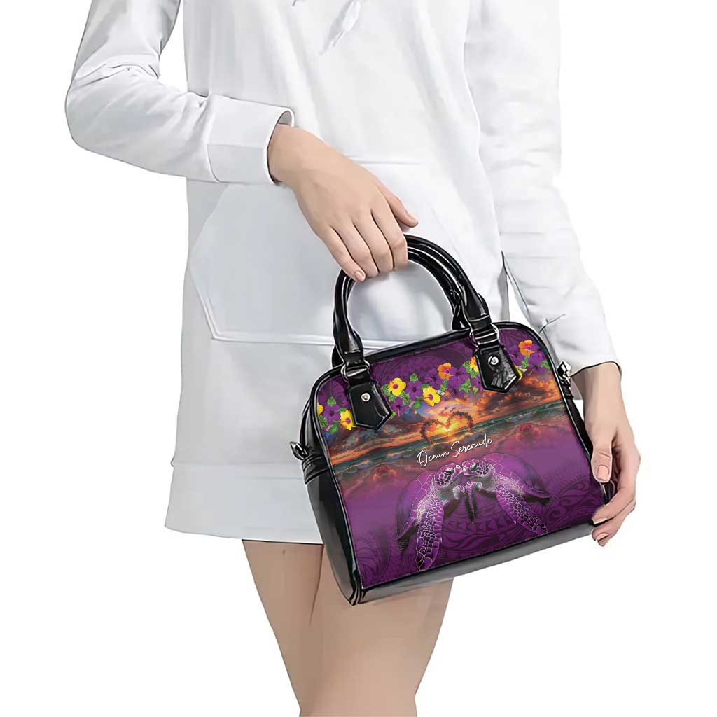 Hawaiian Turtle Love Couple Shoulder Handbag Ocean Serenade - Honu Honi Ihu with Hibiscus and Romantic Sunset Purple Color LT03 - Polynesian Pride
