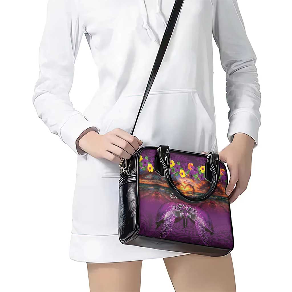 Hawaiian Turtle Love Couple Shoulder Handbag Ocean Serenade - Honu Honi Ihu with Hibiscus and Romantic Sunset Purple Color LT03 - Polynesian Pride