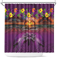 Hawaiian Turtle Love Couple Shower Curtain Ocean Serenade - Honu Honi Ihu with Hibiscus and Romantic Sunset Purple Color LT03 Purple - Polynesian Pride