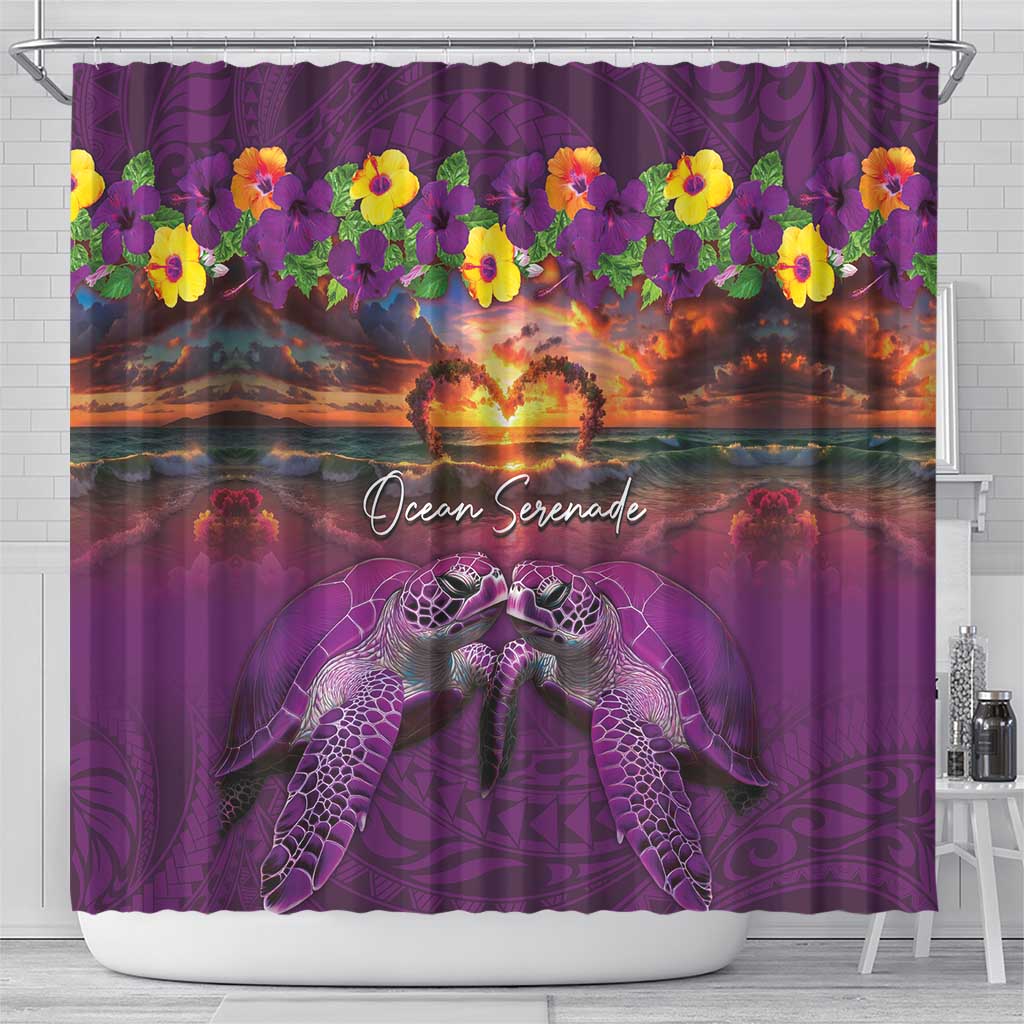 Hawaiian Turtle Love Couple Shower Curtain Ocean Serenade - Honu Honi Ihu with Hibiscus and Romantic Sunset Purple Color LT03 - Polynesian Pride