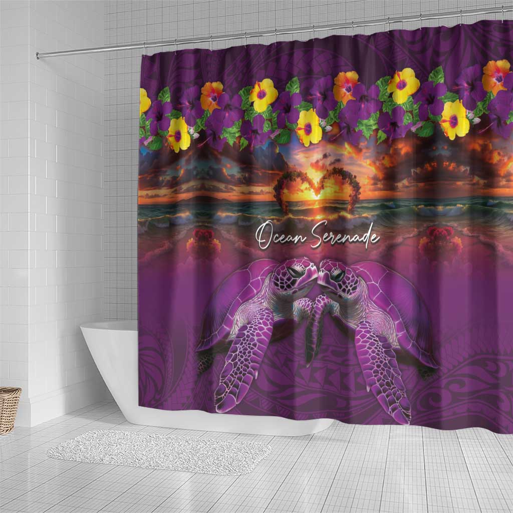 Hawaiian Turtle Love Couple Shower Curtain Ocean Serenade - Honu Honi Ihu with Hibiscus and Romantic Sunset Purple Color LT03 - Polynesian Pride
