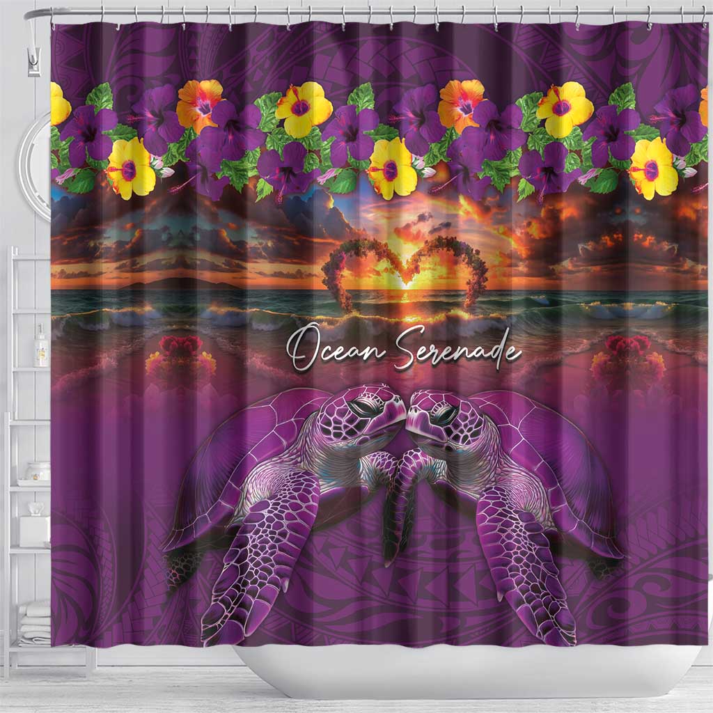Hawaiian Turtle Love Couple Shower Curtain Ocean Serenade - Honu Honi Ihu with Hibiscus and Romantic Sunset Purple Color LT03 - Polynesian Pride