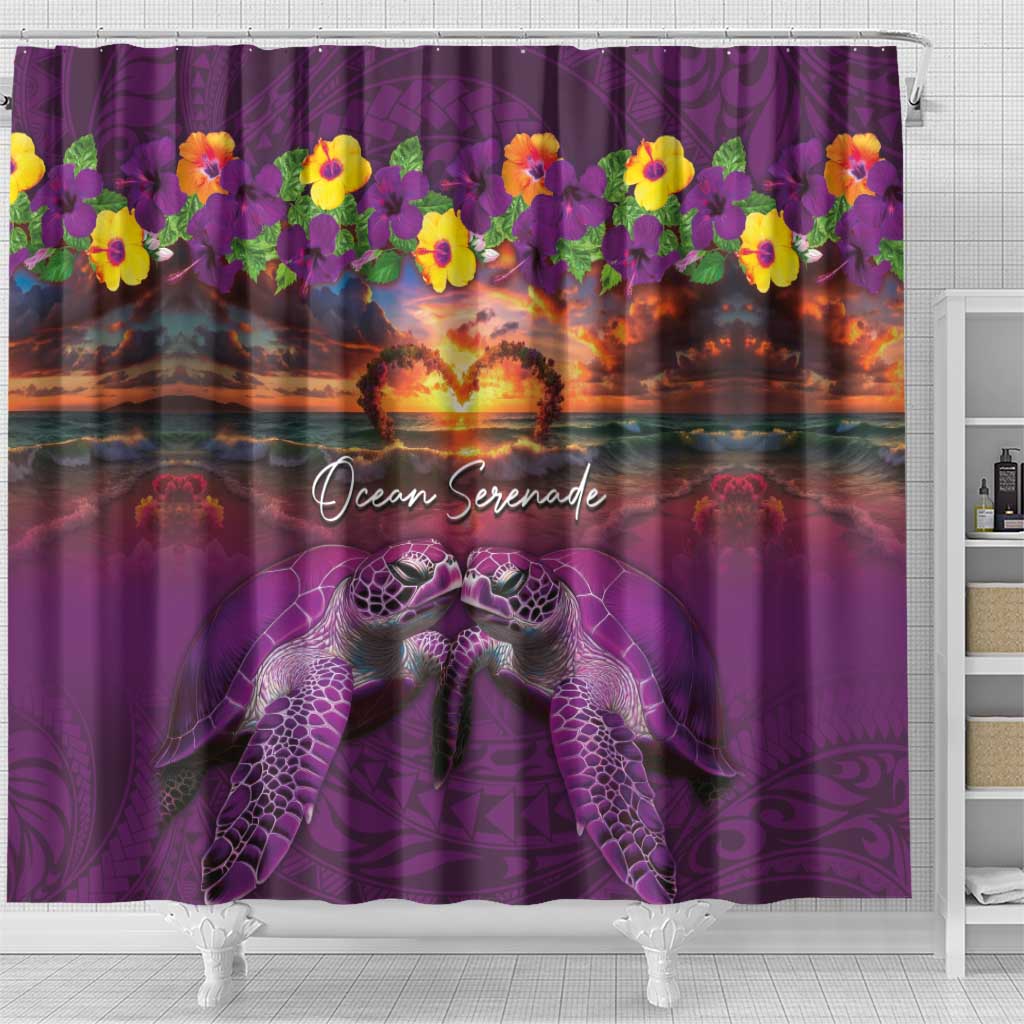 Hawaiian Turtle Love Couple Shower Curtain Ocean Serenade - Honu Honi Ihu with Hibiscus and Romantic Sunset Purple Color LT03 - Polynesian Pride