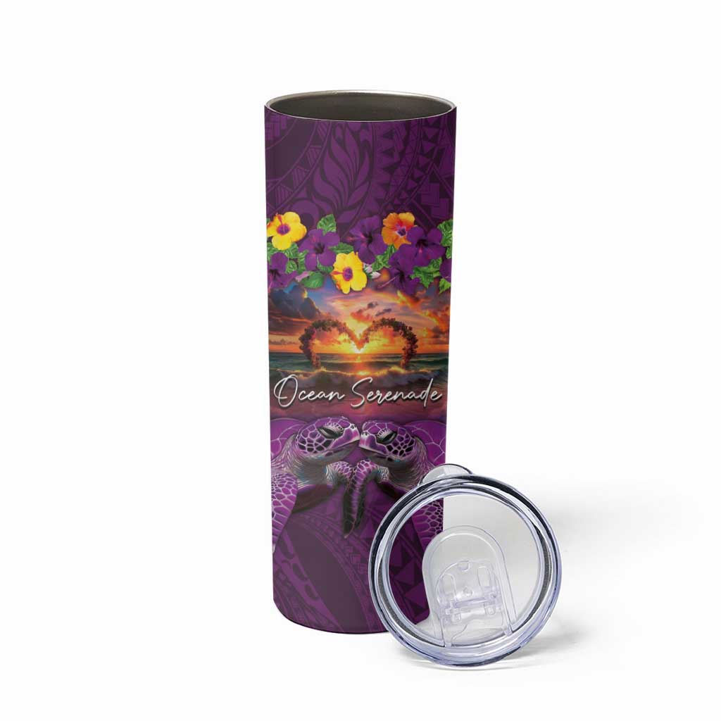 Hawaiian Turtle Love Couple Skinny Tumbler Ocean Serenade - Honu Honi Ihu with Hibiscus and Romantic Sunset Purple Color LT03 - Polynesian Pride