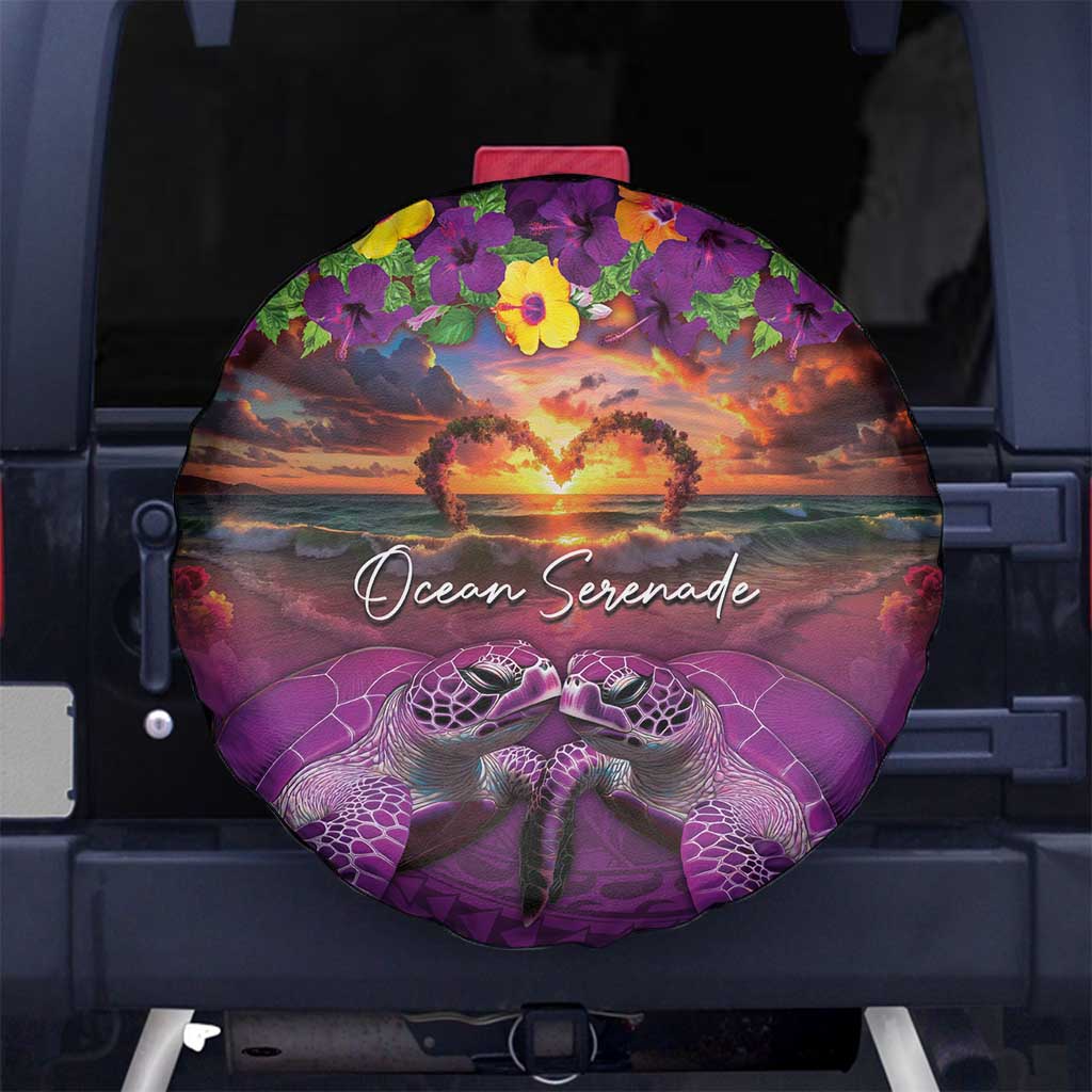 Hawaiian Turtle Love Couple Spare Tire Cover Ocean Serenade - Honu Honi Ihu with Hibiscus and Romantic Sunset Purple Color LT03 - Polynesian Pride